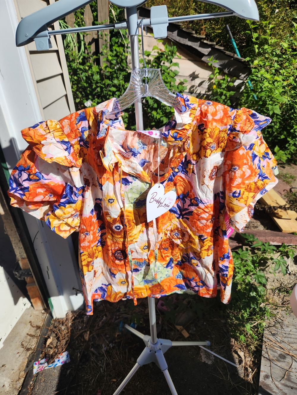 BuddyLove Shauna Floral Ruffle Shoulder Top M NWT Boho Orange